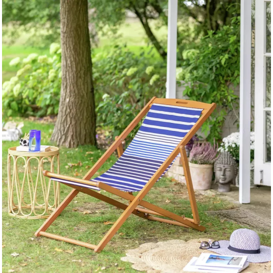 Folding Wooden Garden Deck Chair Blue | Outdoor Patio Reclining Chair Furniture