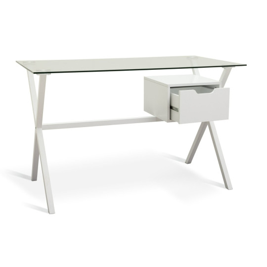 Dria 1 Drawer Office Desk White | Modern Glass Top Steel Frame Home Work