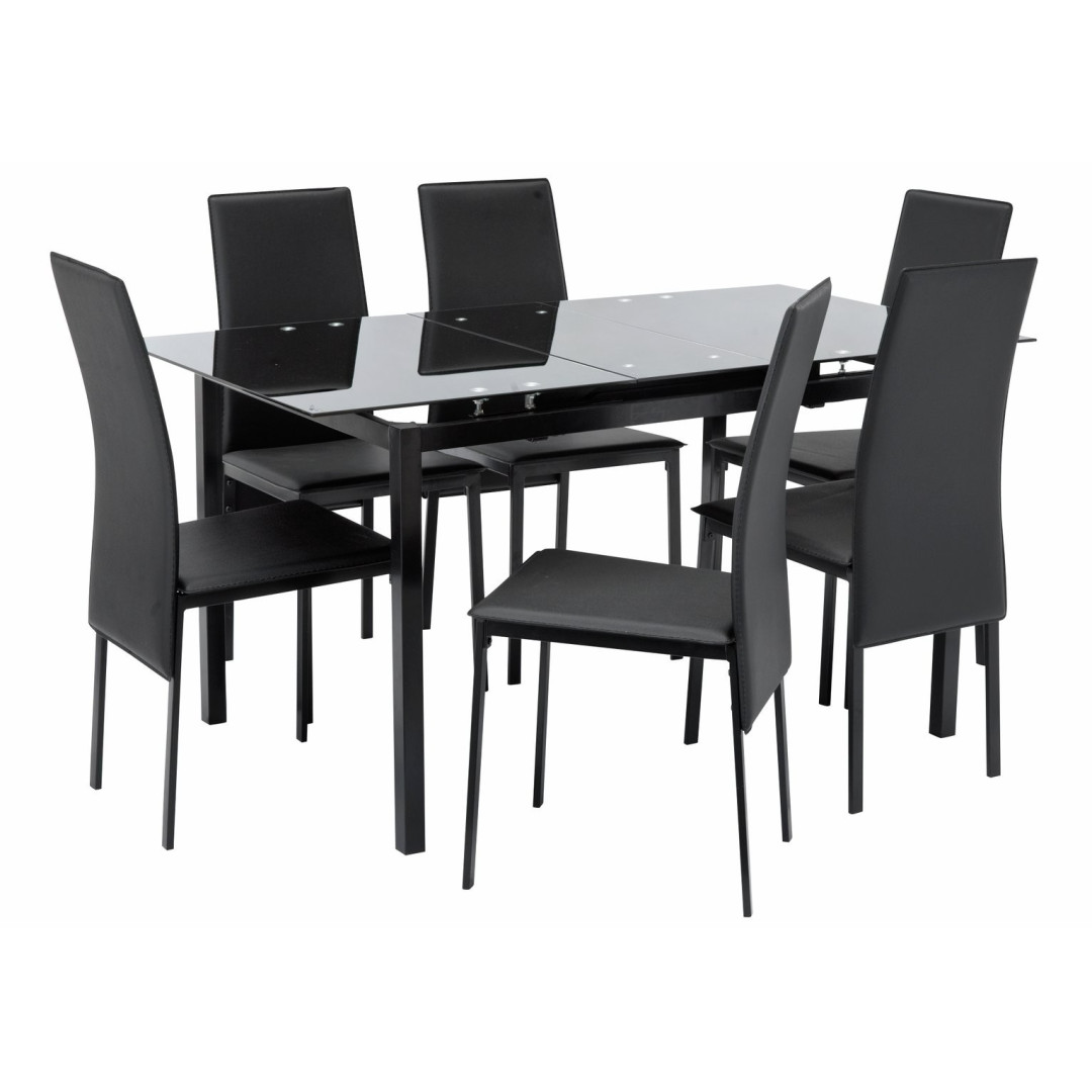 Home Lido Glass Extending Table & 6 Black Chairs | Modern Kitchen Dining Set Home Lido Glass Extending Table & 6 Black Chairs | Modern Kitchen Dining Set