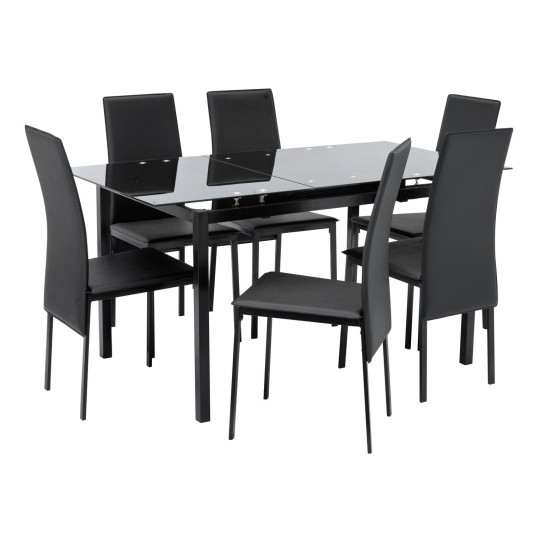 Home Lido Glass Extending Table & 6 Black Chairs | Modern Kitchen Dining Set