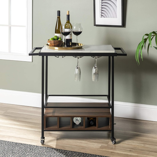 Modern Industrial Bar Serving Cart - White Marble & Dark Walnut | Trolley