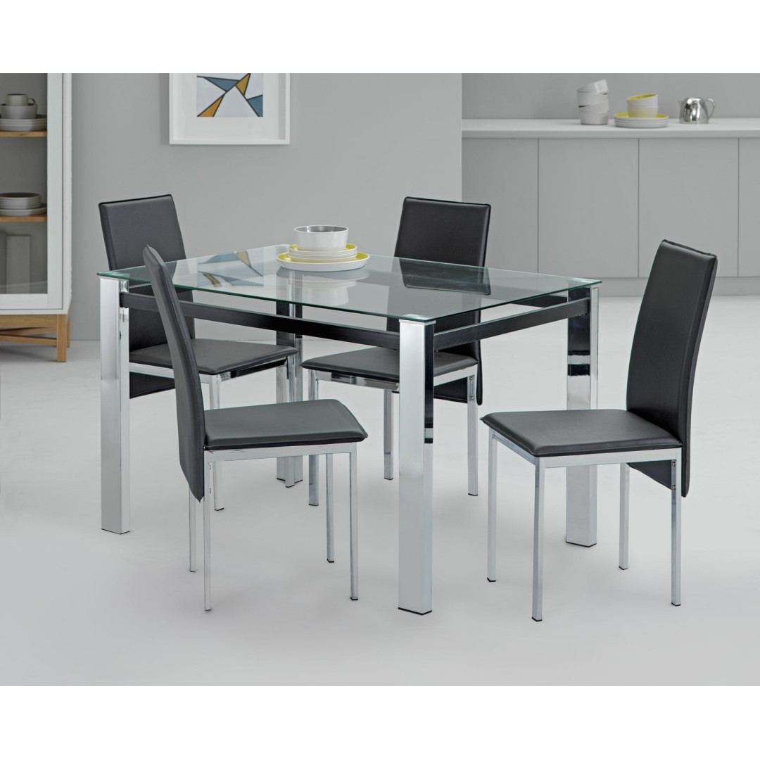 Home Fitz Glass Dining Table & 4 Black Chairs | Modern Kitchen Furniture Set Home Fitz Glass Dining Table & 4 Black Chairs | Modern Kitchen Furniture Set
