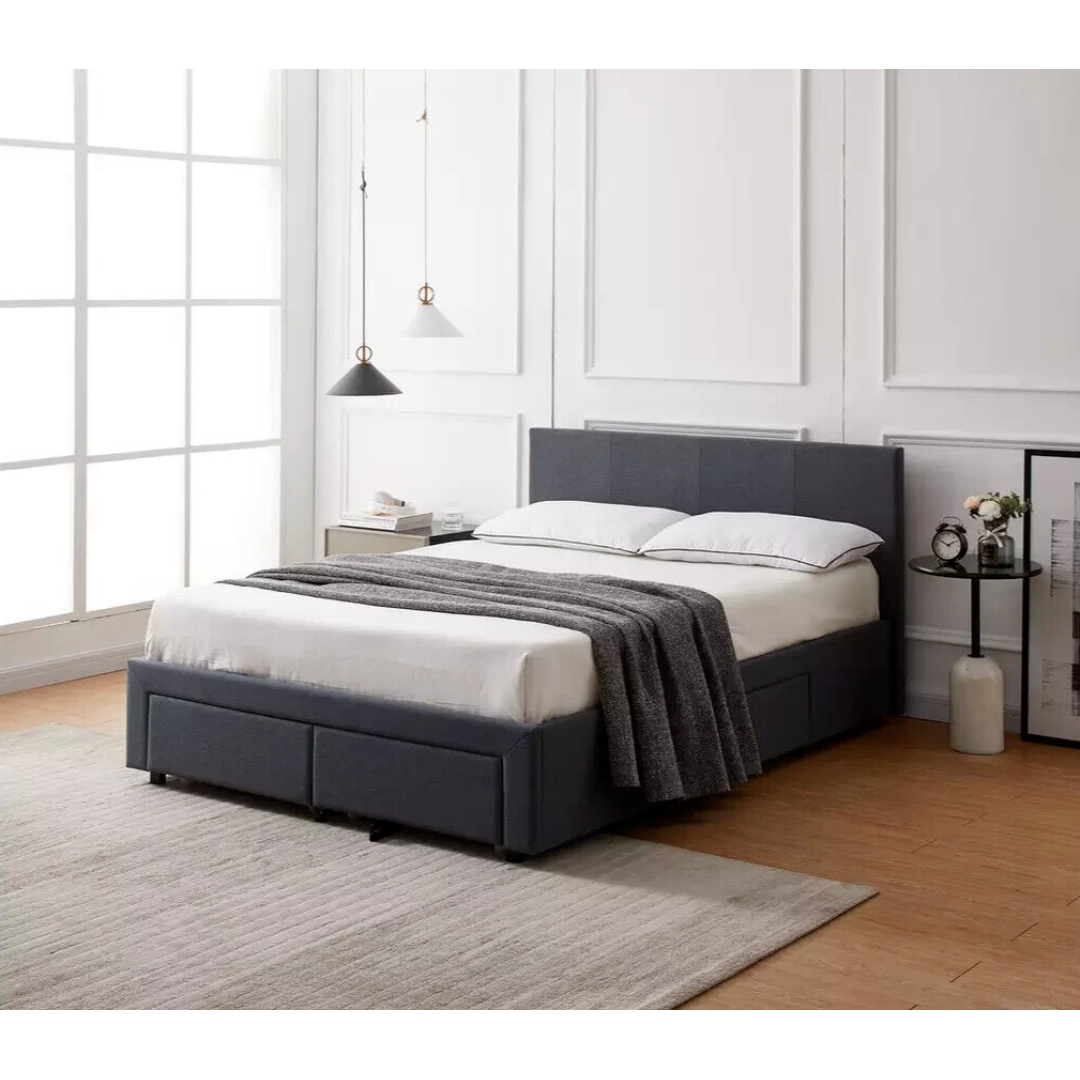 Heathdon 4 Drawer Kingsize Fabric Bed Frame - Grey | Upholstered Storage Bedstea Heathdon 4 Drawer Kingsize Fabric Bed Frame - Grey | Upholstered Storage Bedstea