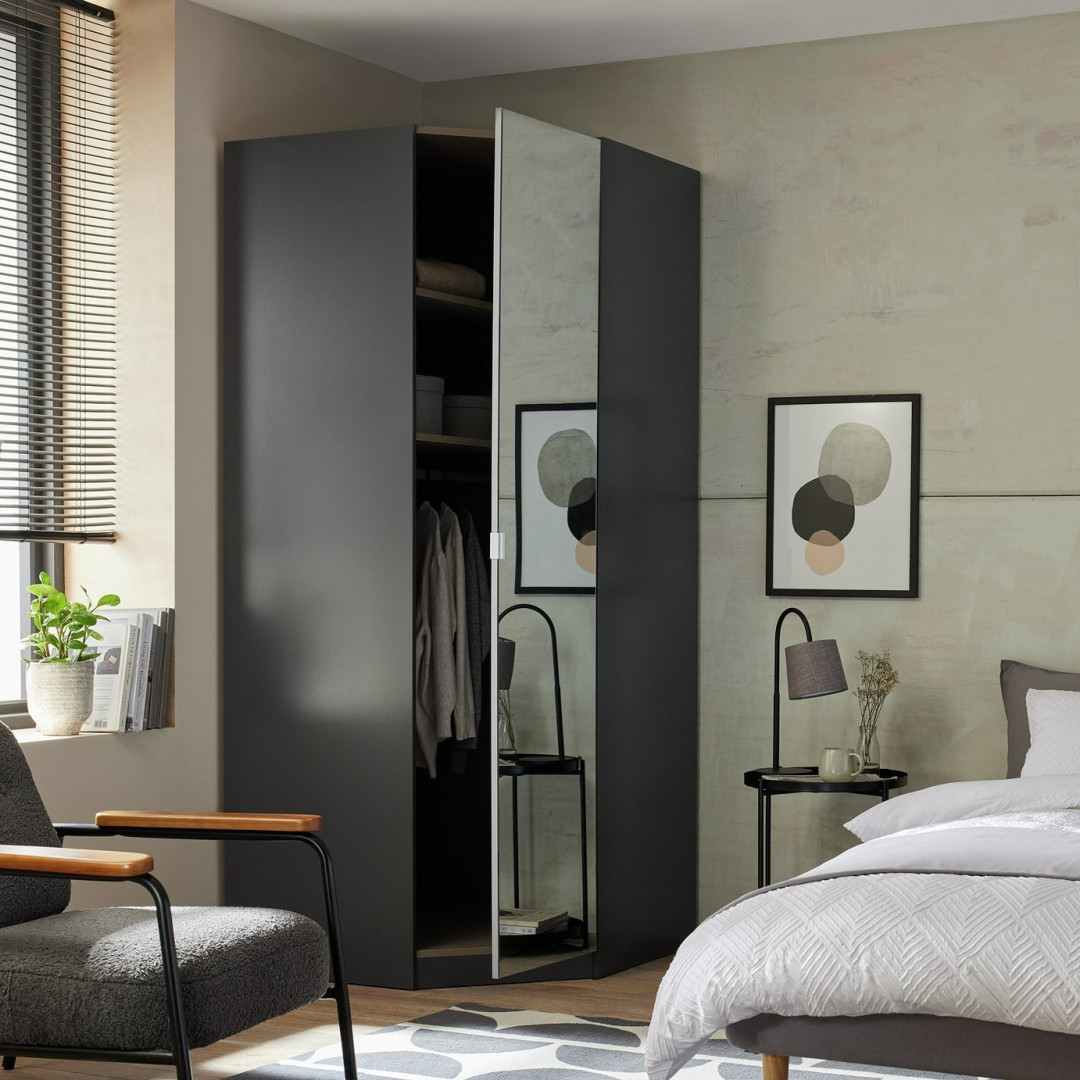 Munich Corner 1 Door Mirror Wardrobe - Anthracite | Organized Clothing Area Munich Corner 1 Door Mirror Wardrobe - Anthracite | Organized Clothing Area