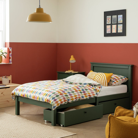 Brooklyn Single Bed Frame and Drawer - Green | Modern Bedroom Kids Room