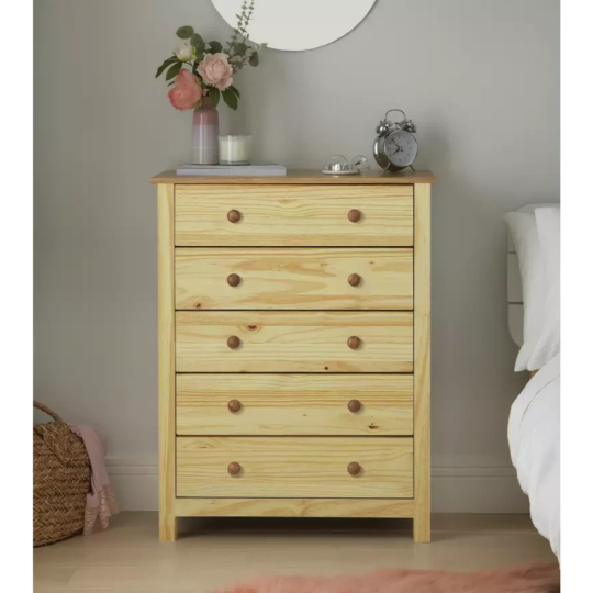 Home Scandinavia 5 Drawer Chest Pine | Bedroom Storage Solid Furniture Unit