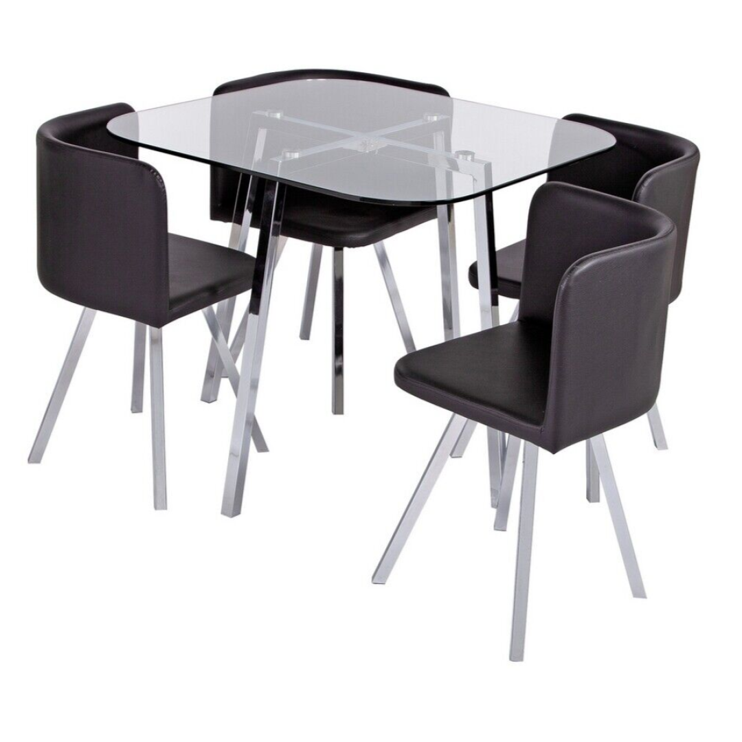 Elsie Glass Modern Dining Table 4 Chairs Black Faux Leather For Kitchen Elsie Glass Modern Dining Table 4 Chairs Black Faux Leather For Kitchen