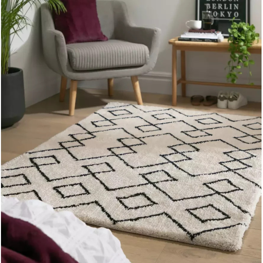 Diamond Tufted Cream & Black Rug 120x170cm | Modern Living Room Floor Rug Carpet