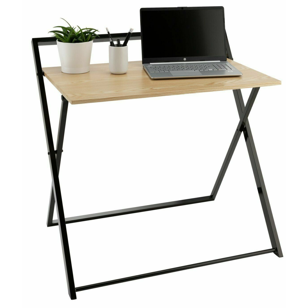 Compact Folding Office Desk - Black & Oak | Space Saving Workstation