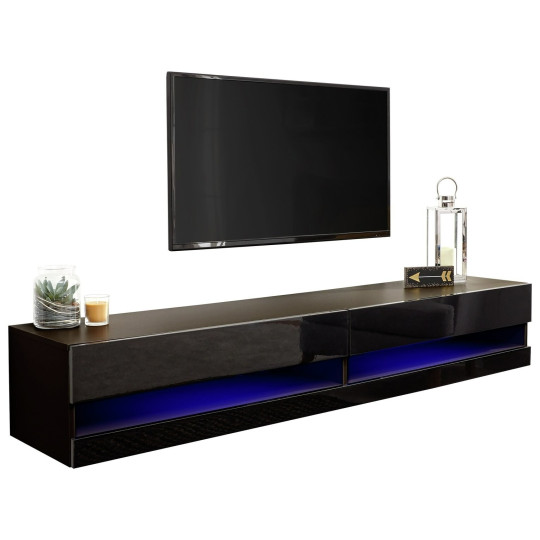GFW Galicia 150cm LED Wall TV Unit - Black | Floating Cabinet Media Stand Modern
