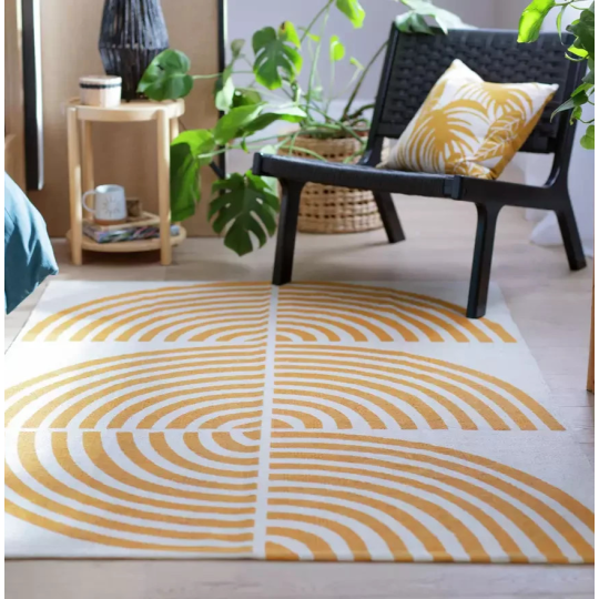 Global Swirl Yellow Cotton Rug 120x170cm | Modern Living Room Floor Rug Carpet