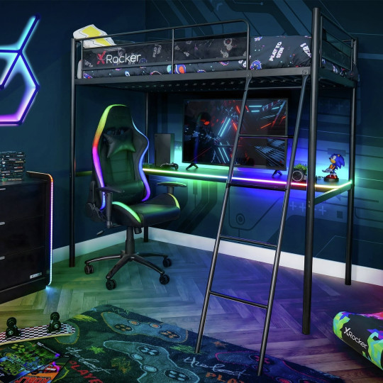 X Rocker HQ RGB LED Gaming High Sleeper Bed with Desk- Black | Integrated Study