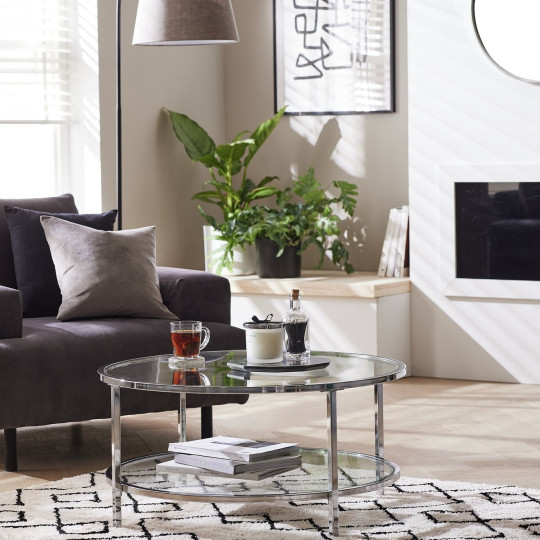 Home Boutique Round Coffee Table - Silver | Glass Top Modern Living Room
