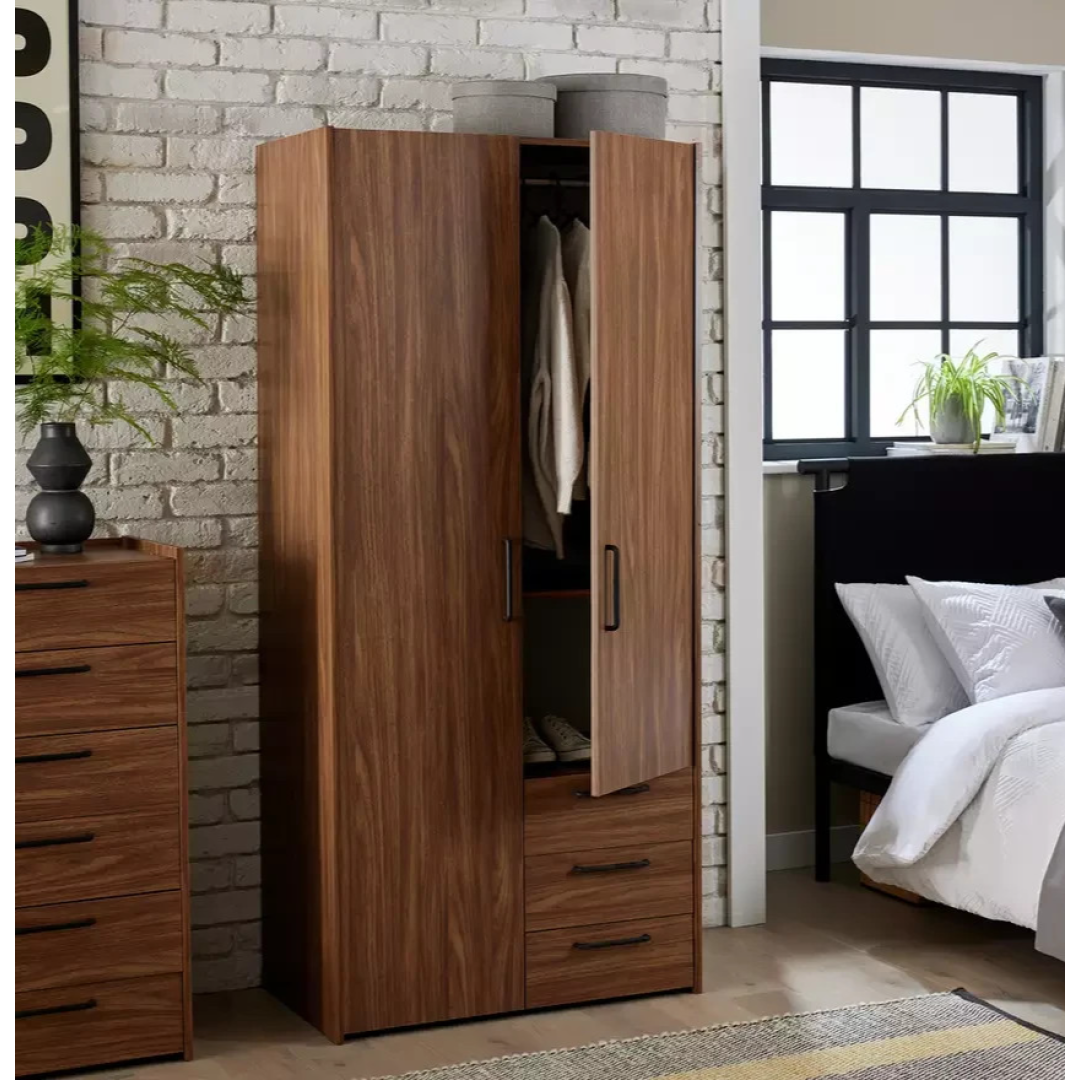 Oldham 2 Door 3 Drawer Wardrobe - Walnut ( B Grade ) Oldham 2 Door 3 Drawer Wardrobe - Walnut ( B Grade )