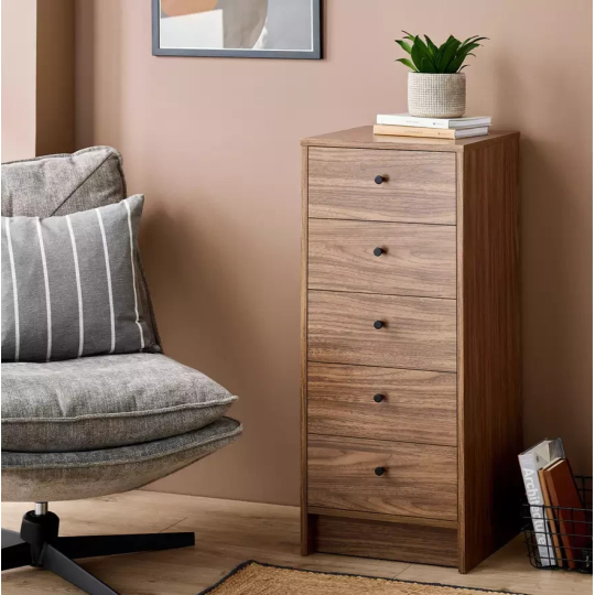 Home Malibu 5 Drawer Tallboy Walnut | Tall Storage Cabinet Furniture Unit