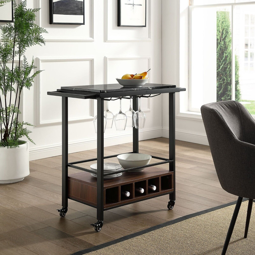34 Inch Modern Industrial Bar Serving Cart - Black Marble/Dark Walnut 34 Inch Modern Industrial Bar Serving Cart - Black Marble/Dark Walnut
