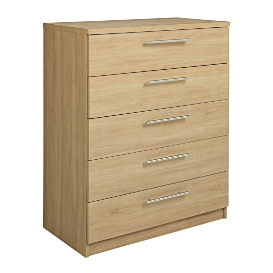 Home Brisbane 5 Drawer Chest - Oak | Wooden Bedroom Storage Cabinet Tall Unit