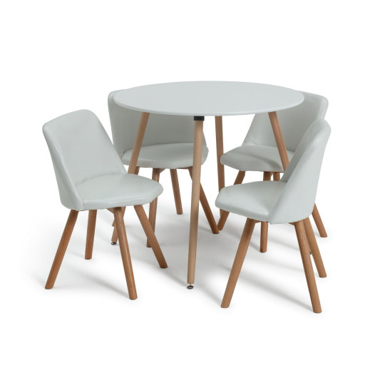 Quattro Modern Round Dining Table and 4 Chairs in White Faux Leather