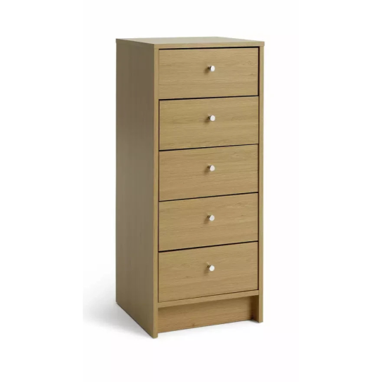 Home Malibu 5 Drawer Tallboy Oak Effect | Bedroom Storage Chest Cabinet