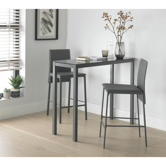 Lido Glass Bar Table & 2 Grey Chairs | Modern Kitchen Breakfast Dining Set