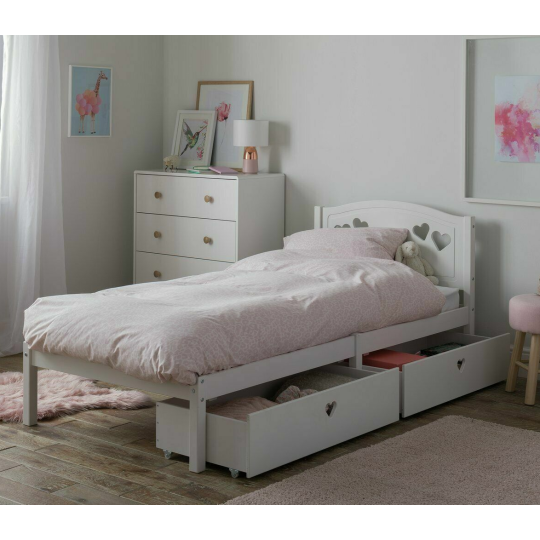  Hearts Kids Mia Single Bed with 2 Drawers Storage  - White with Mattress