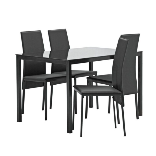 Home Lido Glass Black Dining Table & 4 Black Chairs | Modern Kitchen Dining Set