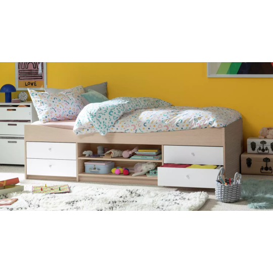 Malibu Storage Cabin Bed White & Acacia | Kids Bedroom Bed with Storage
