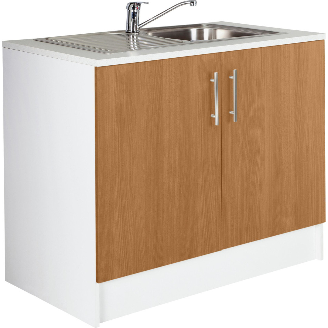 Athina 1000mm Steel Kitchen Sink Unit With Sink And Tap + Shelf - Beech Athina 1000mm Steel Kitchen Sink Unit With Sink And Tap + Shelf - Beech