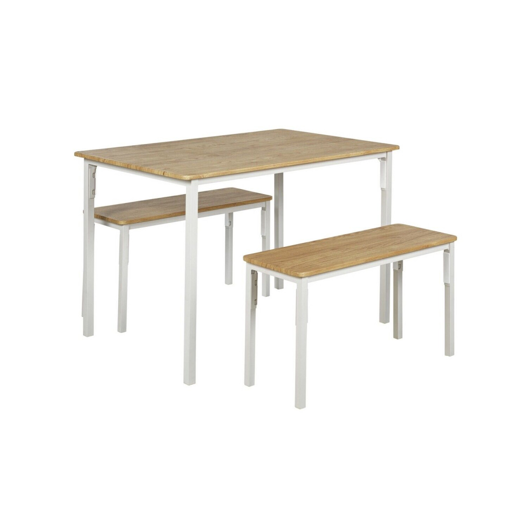 Home Bolitzo Oak Dining Table & 2 White Benches | Sturdy Kitchen Furniture Set Home Bolitzo Oak Dining Table & 2 White Benches | Sturdy Kitchen Furniture Set