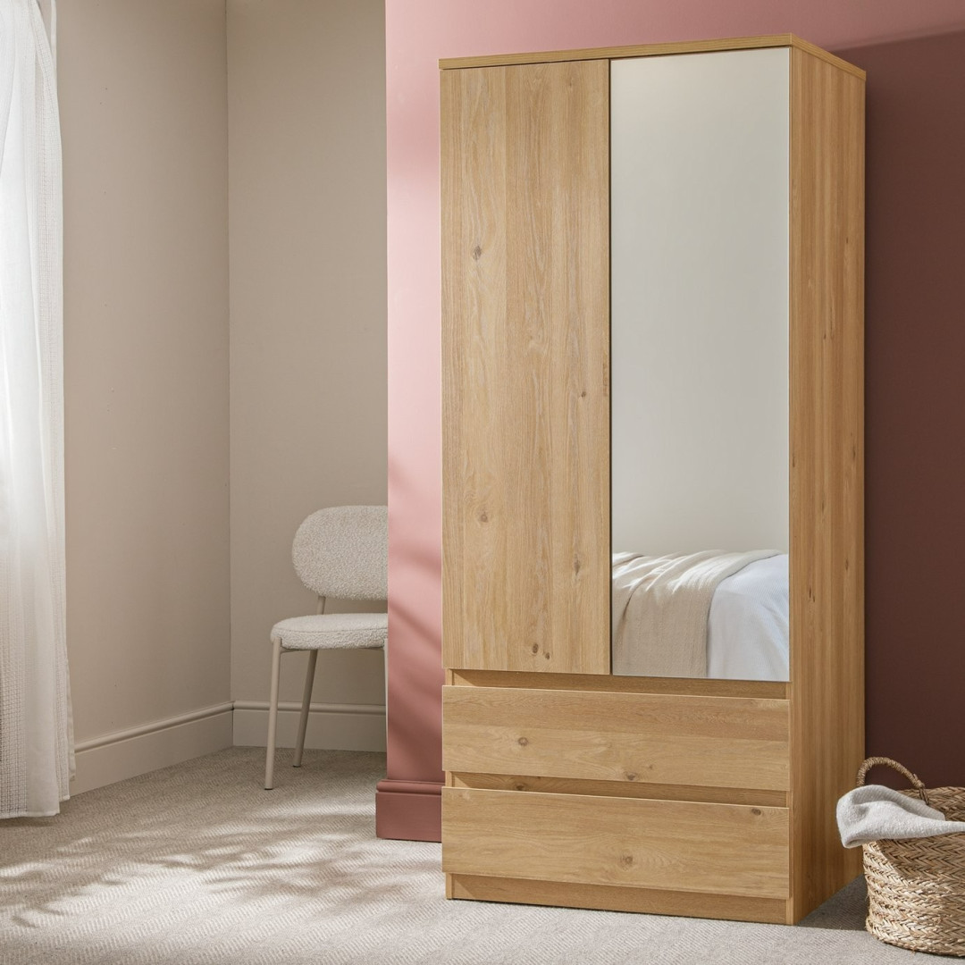 Jenson 2 Door 2 Drawer Mirror Wardrobe - Oak Effect | Mirror wardrobe oak finish Jenson 2 Door 2 Drawer Mirror Wardrobe - Oak Effect | Mirror wardrobe oak finish