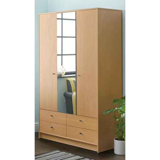 Malibu 3 Dr 4 Drawer Mirror Wardrobe - Oak Effect (B Grade)