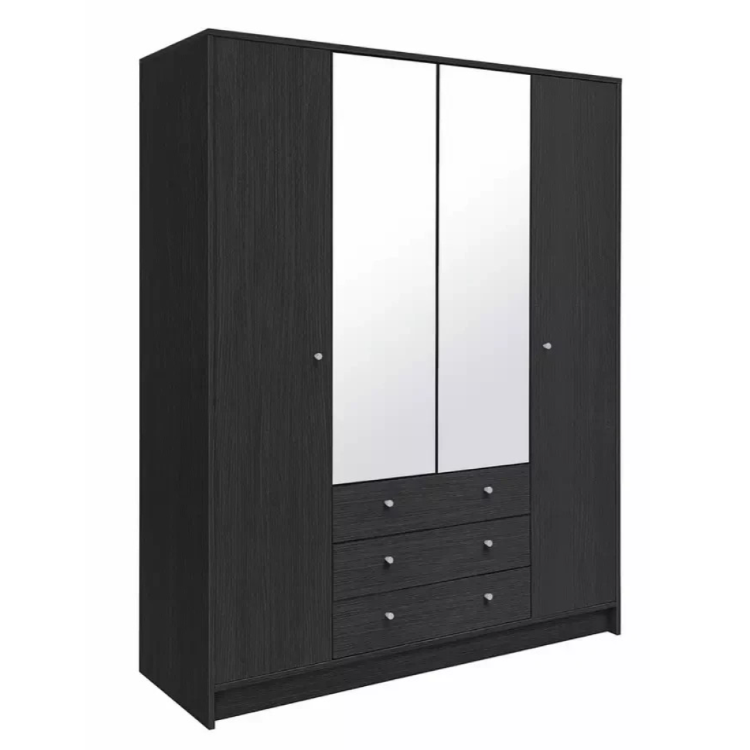 Malibu 4Dr 3 Drw Mirror Wardrobe-Black Oak Effect | Dark Wood Look Malibu 4Dr 3 Drw Mirror Wardrobe-Black Oak Effect | Dark Wood Look