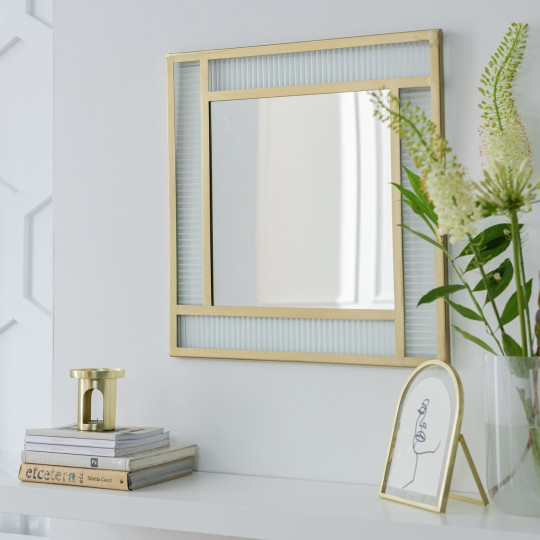Glass & Brass Ribbed Square Wall Mirror - 60x60cm | Modern Home Decor