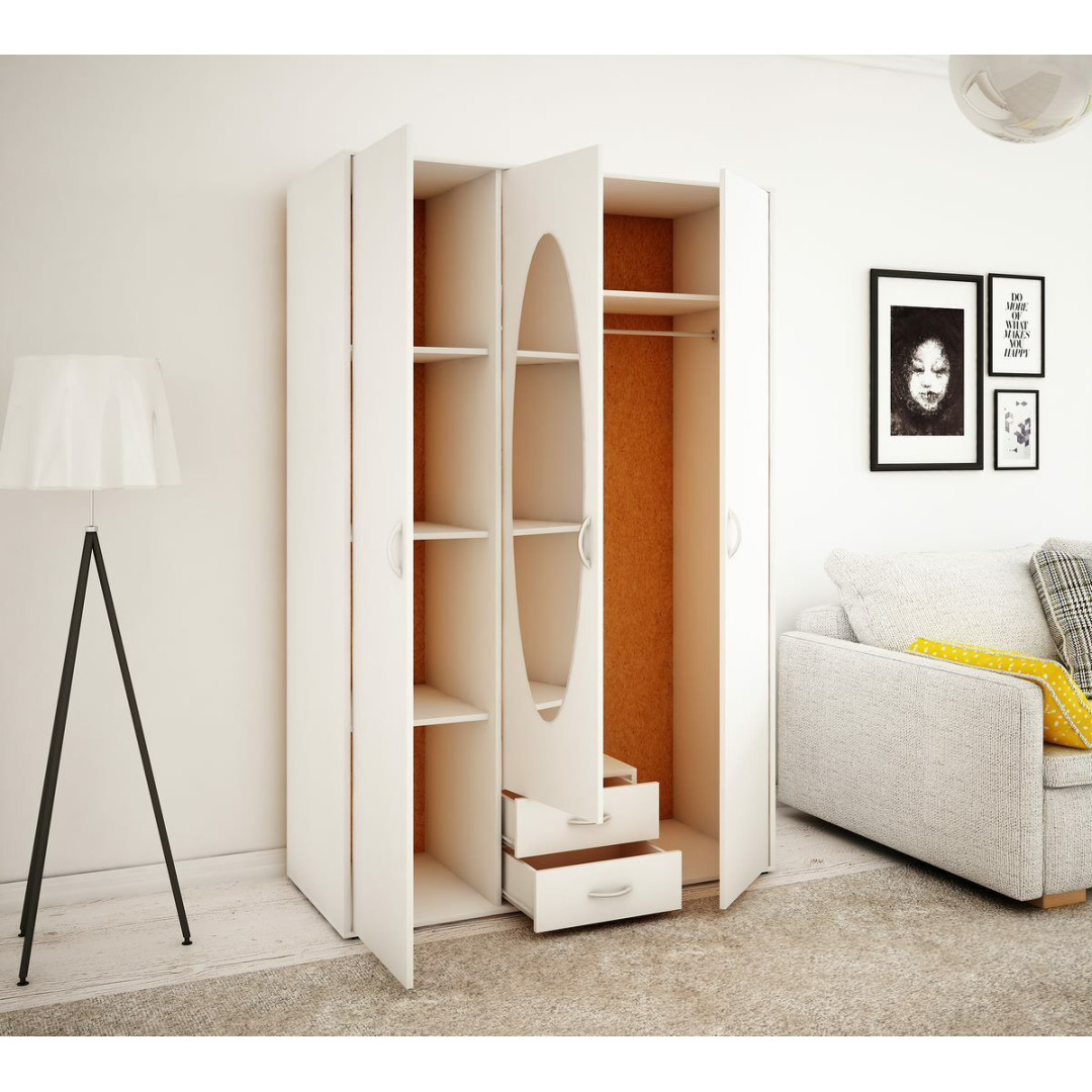 Large Wiktoria 3 door 2 Storage drawer mirrored wardrobe - White Large Wiktoria 3 door 2 Storage drawer mirrored wardrobe - White