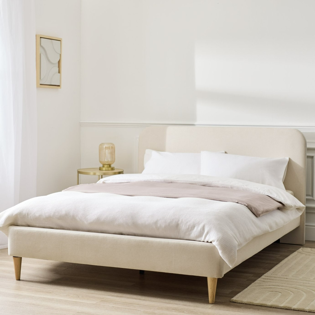 Home Mya Small Double Fabric Bed Frame - Natural | Compact Double Bed Home Mya Small Double Fabric Bed Frame - Natural | Compact Double Bed