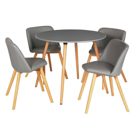 Quattro Modern Round Dining Table and 4 Chairs Grey Faux Leather Kitchen