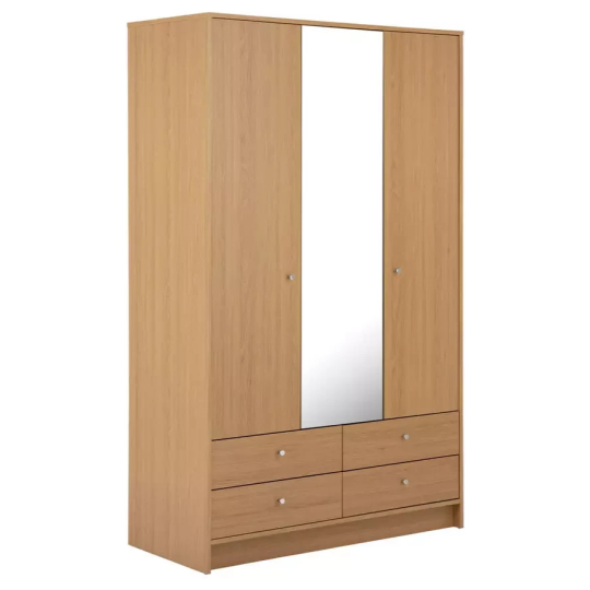 Home Malibu 3 Door 4 Drawer Mirror Wardrobe Oak Effect | Bedroom Storage