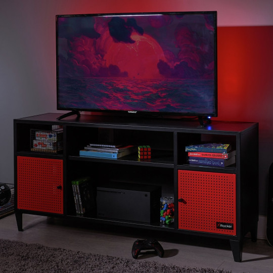 X Rocker Mesh-Tek 2 Door TV Unit - Black & Red | Gaming Media Storage Cabinet