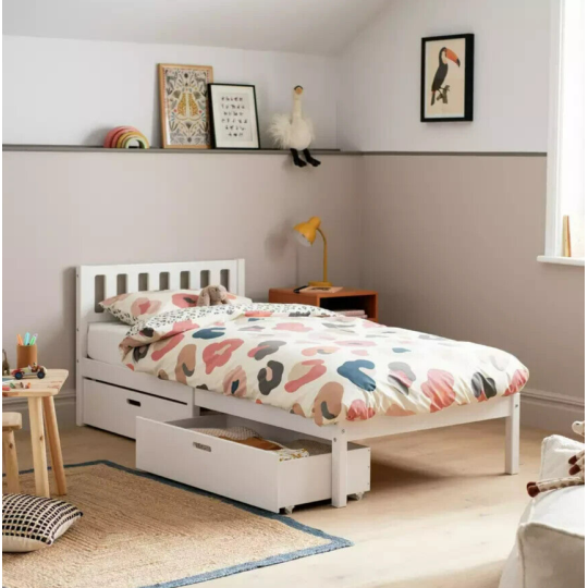 Ronnie Single Bed Frame and Drawer - White | Sturdy Bed for Kids Adults