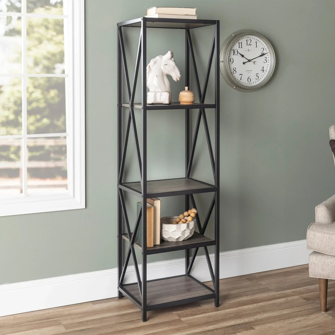 Walker Edison Metal X Wood Bookshelf - Grey Wash | Industrial Storage Shelving Walker Edison Metal X Wood Bookshelf - Grey Wash | Industrial Storage Shelving