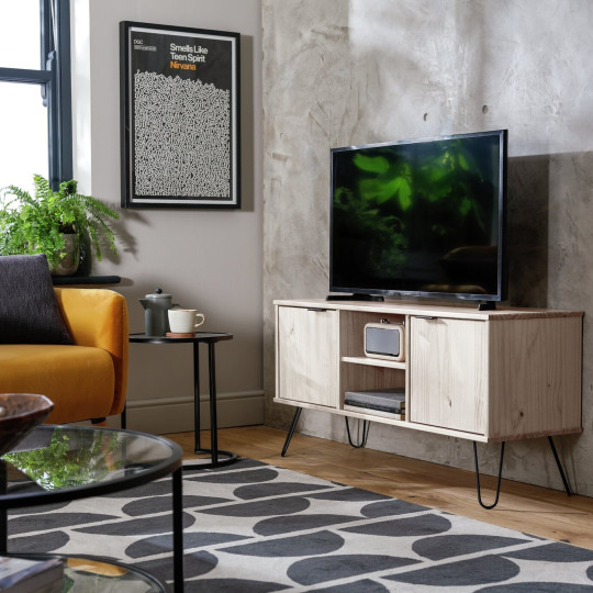 Akio 2 Door TV Unit - Pine | Wooden Media Stand Cabinet Living Room Stor