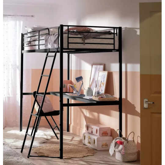 Riley High Sleeper Metal Bed Frame with Desk Black | Kids Loft Bed Furniture